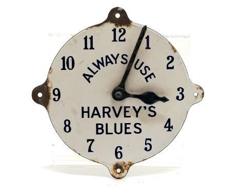 Antique enamel sign in the form of a clock dial (with moving hands) - 'Always use Harvey's Blues' - 24cm diameter ~ has some 