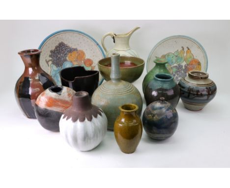 A collection of Studio pottery, including a mallet shaped stoneware lamp base with incised decoration, 25cm, and a Studio pot