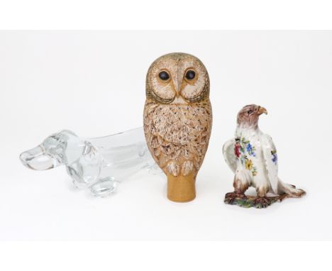 A contemporary ceramic figure of a barn owl, impressed Makins ?, 18cm high, a Nove figure of a bird of prey, with floral pain