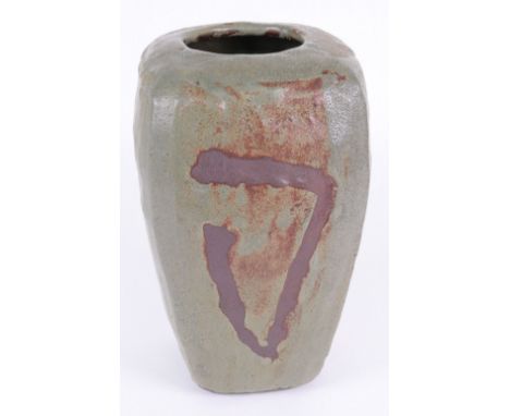David Leach (1911 - 2005), Lowerdown Pottery, a stoneware square slab-sided vase, decorated with an iron spotted grey/green g