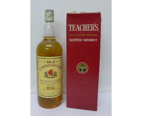 A bottle of Teachers Highland Cream scotch whisky, boxed, and a bottle of High Commissioner scotch whisky