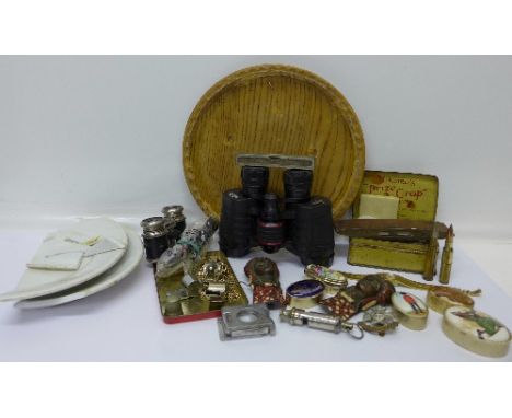 A German WWII plate, a/f, binoculars, whistles, pill boxes, a small Stanley level with broad arrow, etc.