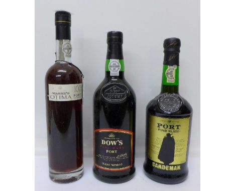 Three bottles of port, Warre's Otima, Sandeman Fine Ruby and Dow's Fine Ruby port