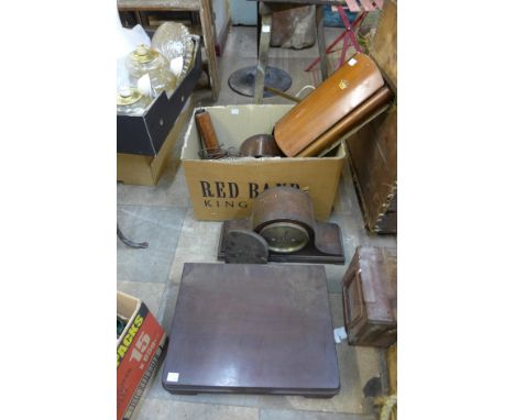 Assorted Art Deco mantel clocks and a Westminster electric wall clock, etc. 