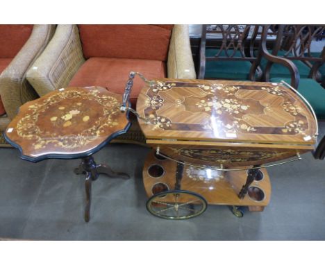An Italian Sorrento ware trolley and tripod table 