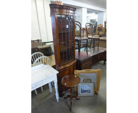 A mahogany freestanding corner cabinet, a tripod wine table, a Royal Marines embroidered fire screen and a print of a steam t