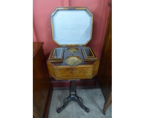 A George IV inlaid rosewood octagonal lady's sewing box, on associated mahogany tripod stand 