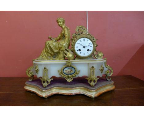 A 19th Century French gilt metal and alabaster mantel clock, the movement signed Vincent &amp; Cie. 