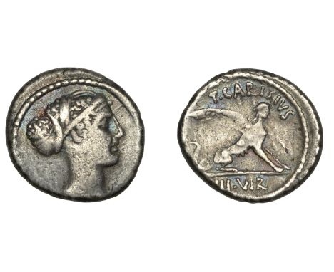 Roman Republican, Titus Carisius, Denarius, c. 46, head of the Aphrodisian Sibyl right, hair decorated with jewels, enclosed 