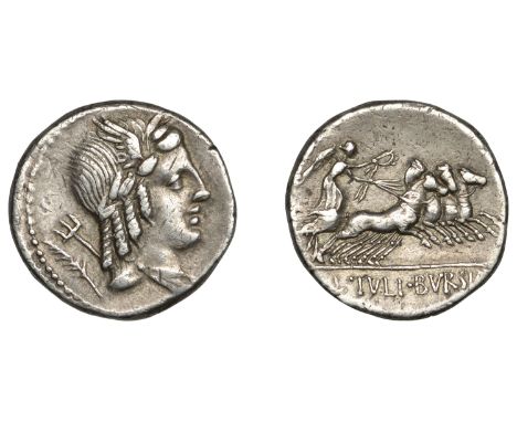 Roman Republican, L. Julius Bursio, Denarius, c. 85, draped male bust right, trident and palm frond behind, rev. l ivli bvrsi