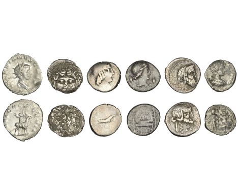 Roman Republican, C. Vibius C.f. Pansa, Denarius, c. 90, mask of Silenus right, pansa behind, rev. mask of Pan, c vbivs c f b