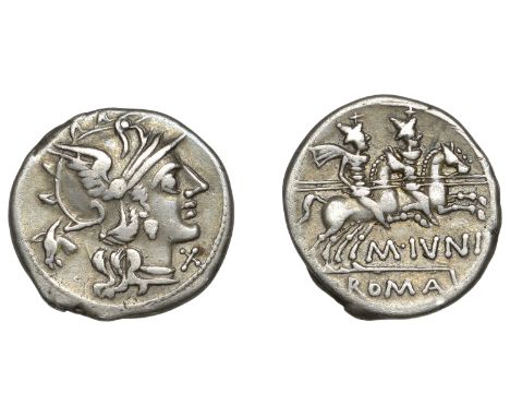 Roman Republican, M. Junius Silanus, Denarius, c. 145, helmeted head of Roma right, ass’s head behind, rev. Dioscuri riding r