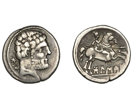 IBERIA, Bolskan, Denarius, 80-72, bearded head right, wearing pelleted necklace, Iberian characters behind, rev. horseman rig