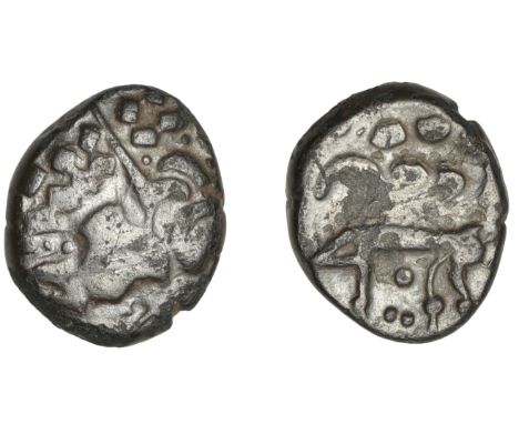 British Iron Age, ICENI, Uninscribed issues, base gold Stater, British J [Norfolk Wolf type], degraded head of Apollo right, 