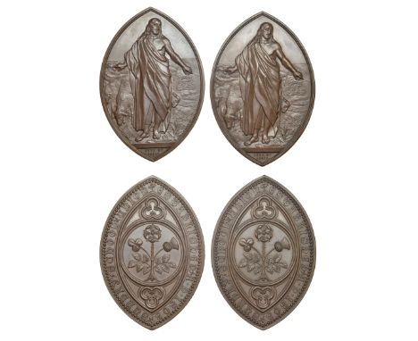 England, Sunday School Union Established A.D. 1803, a pair of high-relief pointed-oval copper medals awarded for Scholars Exa