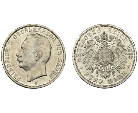 Germany, Baden, Friedrich II, 5 Mark, 1913g, Karlsruhe (Jaeger 40; Dav. 538; KM 281). Lightly cleaned, otherwise almost extre