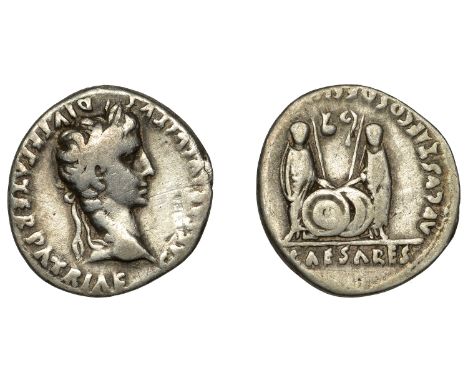 Augustus (27 BC-AD 14), Denarius, Lugdunum, 2 BC-AD 4, laureate head right, rev. Gaius and Lucius Caesars standing facing, sh