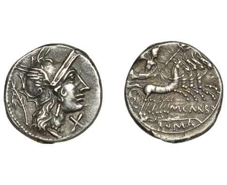 Roman Republic, M. Papirius Carbo, Denarius, c. 122, helmeted head of Roma right, laurel branch behind, x below chin, rev. Ju