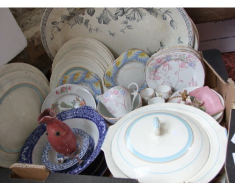 A collection of ceramics and glassware including a Carnival glass dish with moulded fruiting vine detail and green iridescent