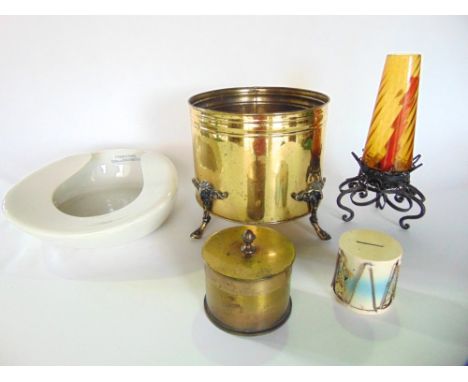A mixed lot to include an oval giltwood mirror, trench Art pot, a ceramic bed pan, a brass log bucket and three others (7).
