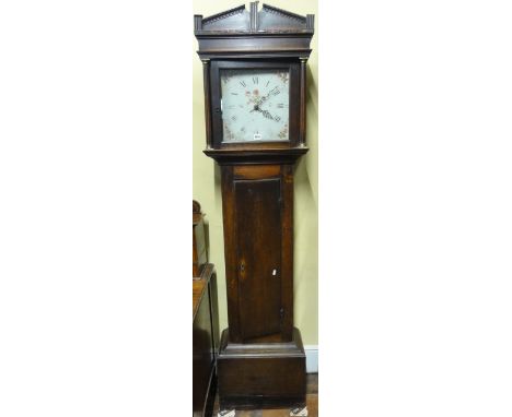 A Georgian oak cottage longcase, the 30 hour movement with bird cage frame, the 30 cm square dial painted with flowers and st