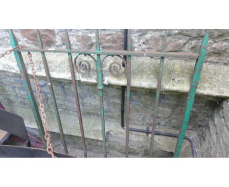 A vintage section of iron work railing with simple scrollwork detail and vertical spiked bars, 96 cm wide x 117 cm in height 