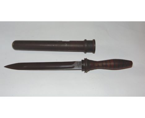 German Naval deep sea divers knife with turned and incised wooden handle, screw in metal tube scabbard and German eagle stamp