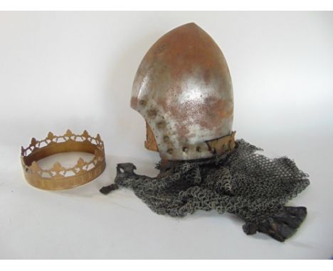 Antique steel medieval type helmet with mesh guard, together with a crown