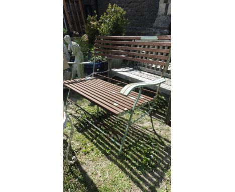 A weathered contemporary light steel framed two seat garden bench with slatted seat and back with folding framework.