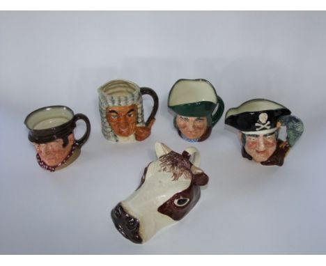 Three large Royal Doulton character jugs - Long John Silver D6335, Sam Weller and Toby Philpots, a further character jug of t