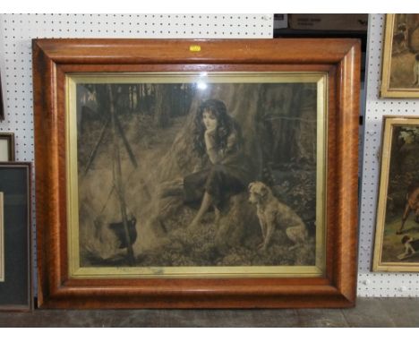 A 19th century sepia coloured etching after Herbert Thomas Dicksee - The Little Gypsy showing a girl and a terrier seated bes