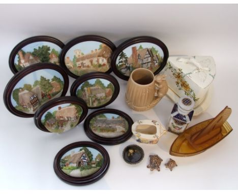 A 19th century wedge shaped cheese dish and cover with floral decoration, a 19th century four sided bottle and stopper with p