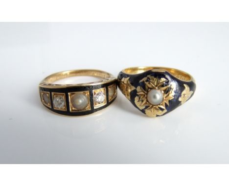 Two 19th century memorial rings, the first in unmarked yellow metal with dark blue enamel and single central split pearl, eng