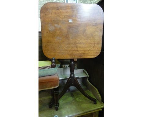 A 19th century mahogany snap top occasional table on turned pillar and swept tripod base together with three stools of varyin