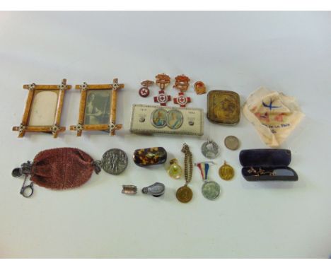 A box of interesting items to include tortoiseshell snuff box, box of gold spectacles, hand stitched silk handkerchief, silve