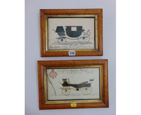 An unusual pair of 19th century designs for coaches, one showing a four-in hand step piece Barouche, dated 1840, signed Gilfo
