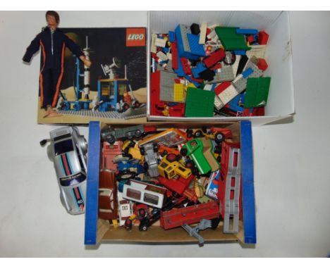 Boxed Lego Moon Landing set in box together with further Lego, Action Man and die cast toys.