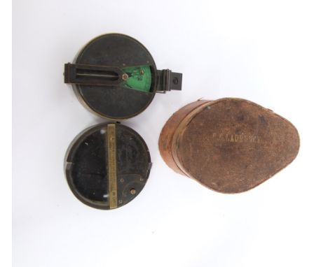 A Watkins clinometer and compass with case marked patent 217 - 1442, both pieces marked J Hicks, 8 Hatton Garden, London