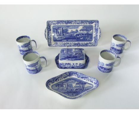 A collection of Copeland Spode Italian pattern blue and white printed wares comprising a butter dish and cover, a lozenge sha