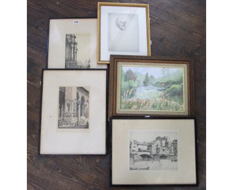 A set of three black and white etching by Graham Barry Clilverd, of city scenes including Florence flower market, all signed,