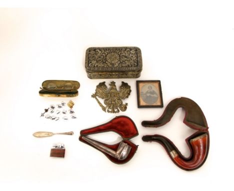 A silver pipe case (within a further leather case) a further cased silver mounted pipe with Johannesbury retail label, Ambro 
