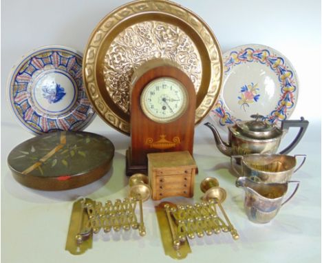 An inlaid Edwardian mantle clock, a three piece silver plated tea service, pair of brass concertina wall sconces, etc