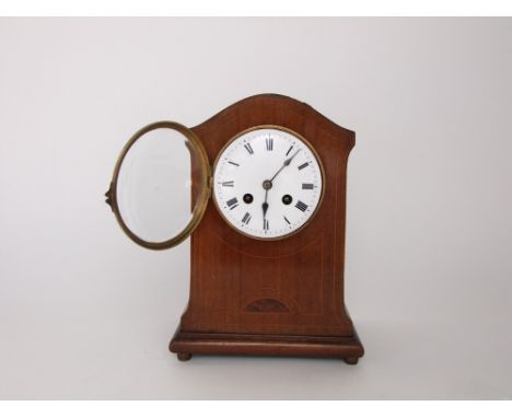 Edwardian box wood inlaid walnut lancet two train mantle clock, with 10 cm enamel dial, 28 cm high (AF)