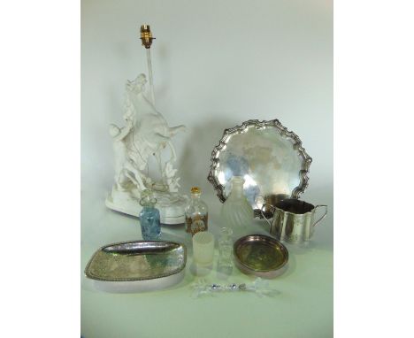 A mixed miscellaneous lot to include glass silverplate, two glazed pottery lamps and a further figural table lamp of a man st