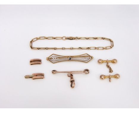 A 9ct gold chain link bracelet together with a 14k gold sapphire and split pearl bar brooch, a 9ct gold watch pin and other s