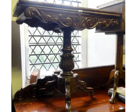 A 19th century mahogany fold over top card table of rectangular form with scrolled acanthus detail raised on a turned vase sh