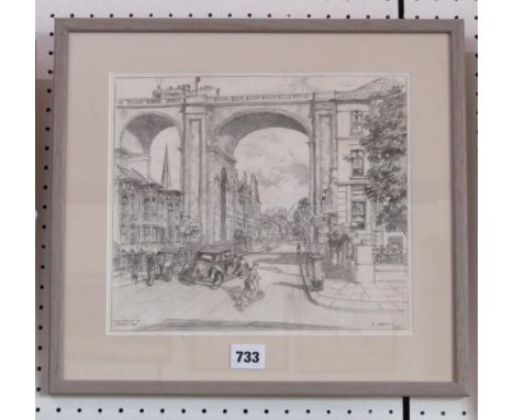 A pencil drawing of a Brighton scene showing the viaduct at Preston Road including a steam locomotive, boy on a scooter, car,