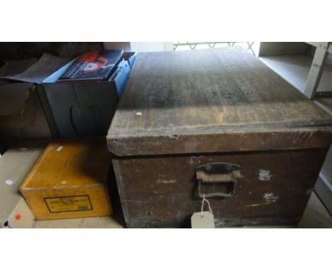 A vintage pine trunk containing a comprehensive but unsorted collection of tools including chisels, planes, etc a Record impr
