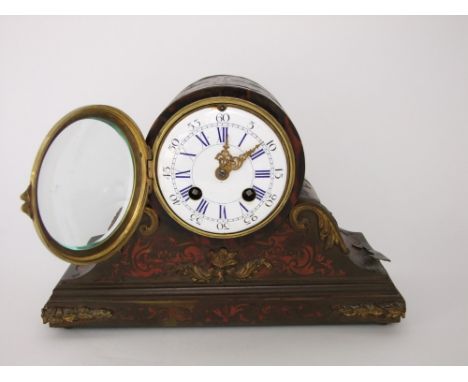 Period French Boulle work drum head mantle clock, fitted with a 10 cm two train enamel dial, 20 cm high (AF)