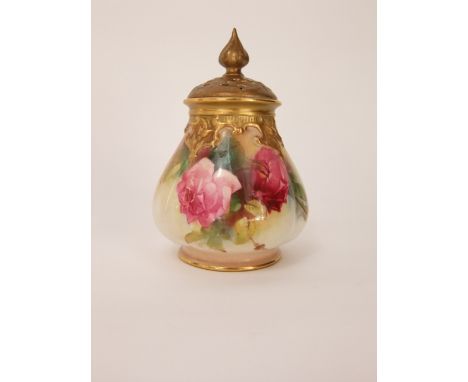 A Royal Worcester vase and cover of lobed form with painted pink and red rose decoration and gilt strap work detail, with puc